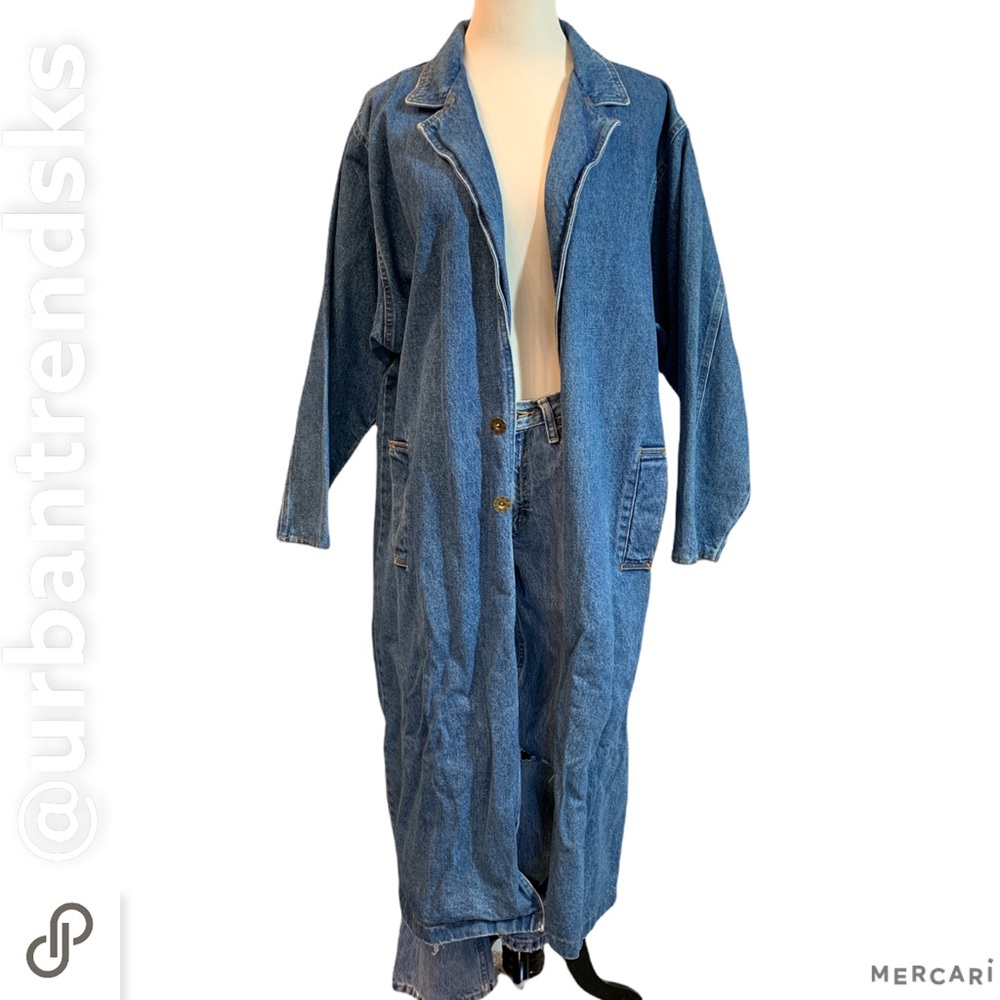 Vintage Full Length Denim trench jacket Chore Coat L/XL